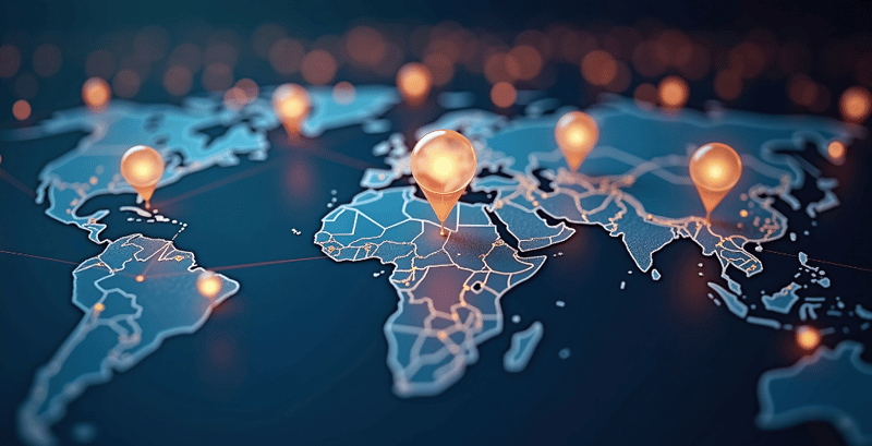 mapped network of icons representing international contractors using the same dealer locator