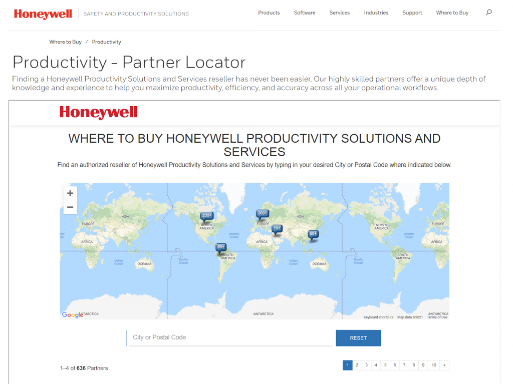 Honeywell partner locator page screenshot