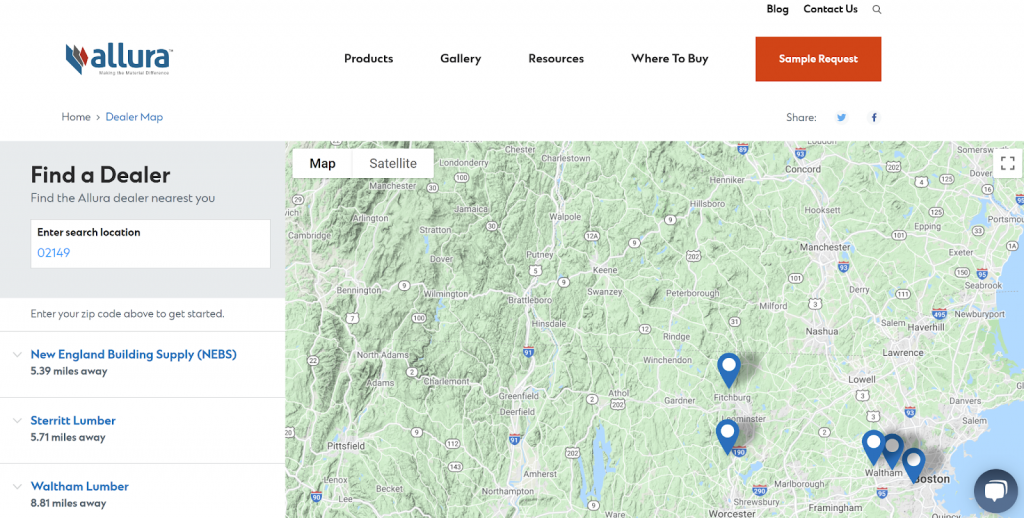 Allura dealer map page screenshot