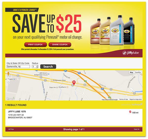 store locator screenshot with map location and discount offer
