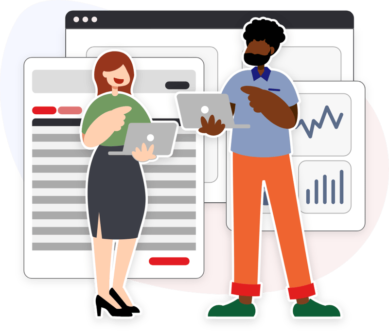 vector graphic of man and women standing holding laptops