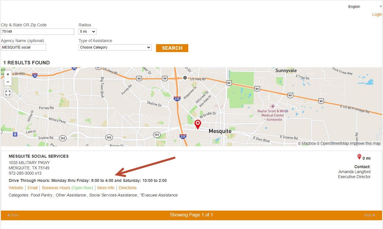 screenshot of North Texas Food Bank showing custom store hours